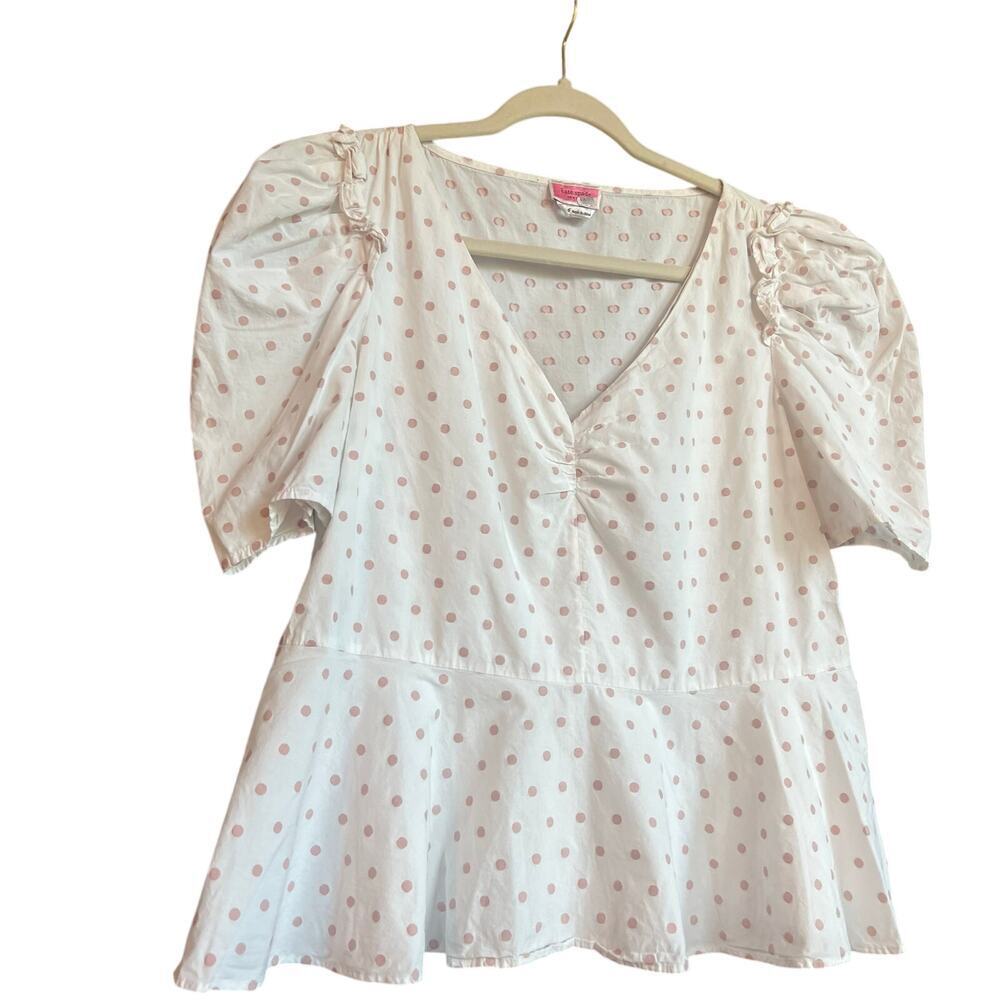 Kate Spade Women's White with Pink Polka Dots Puff Sleeve Peplum Blouse